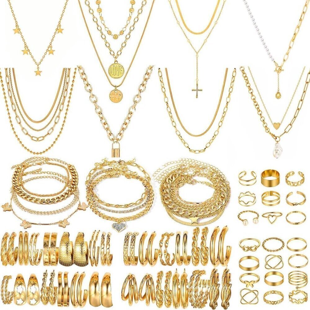 Jewelry Sets Women Silver Gold Plated Multi Layer Necklaces Bracelets Rings